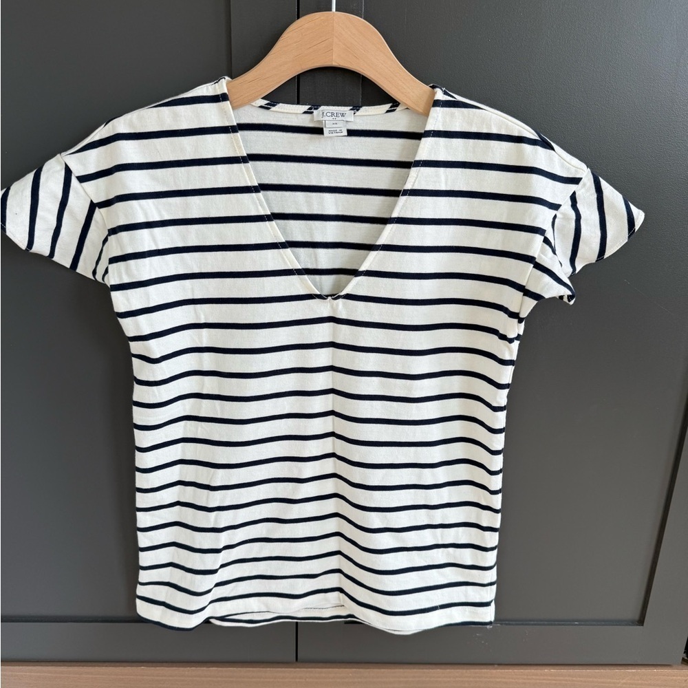 J. Crew White & Navy Striped V-Neck Flutter sleeve Cotton Top  • XS